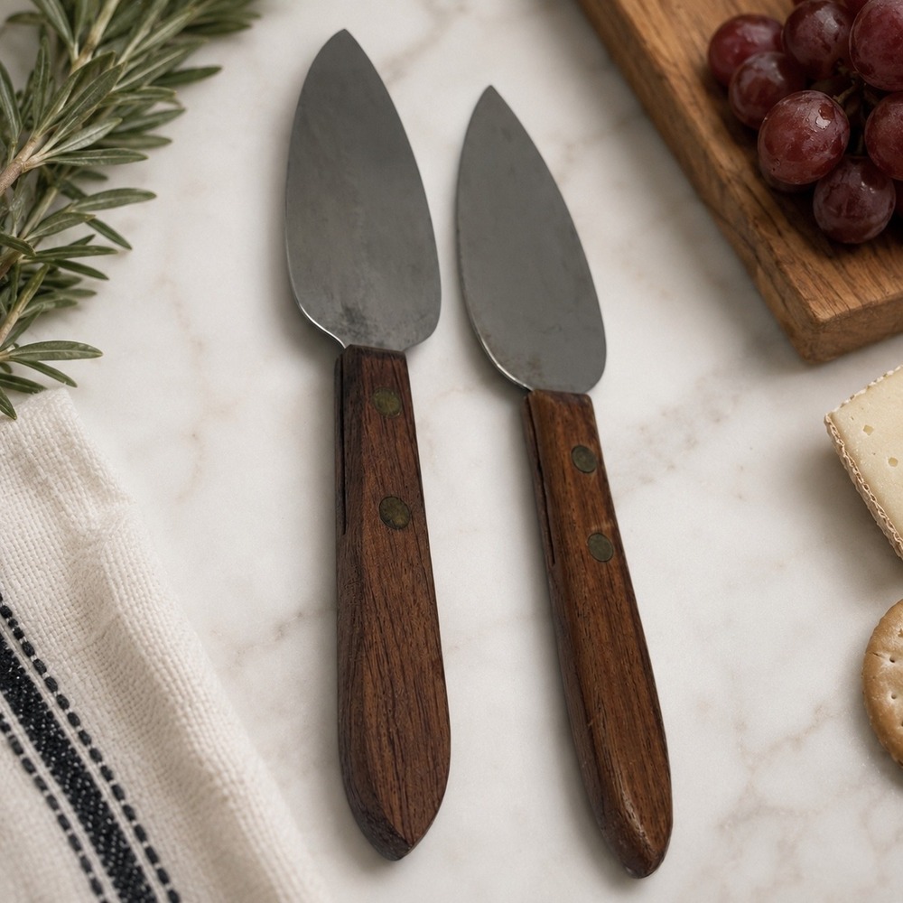 Vintage Hickory Farms Of Ohio Cheese Spreader Knives Set 2 Wood Handle Stainless